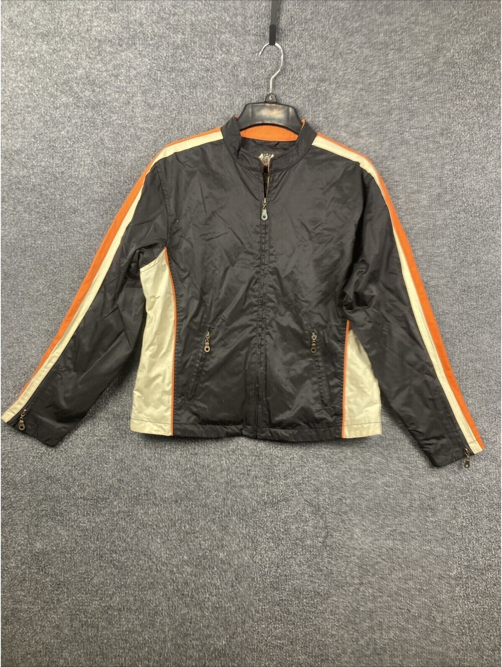 USA BD Biker Design Womens Large Motorcycle Black & Orange Stripe Sleeve Jacket